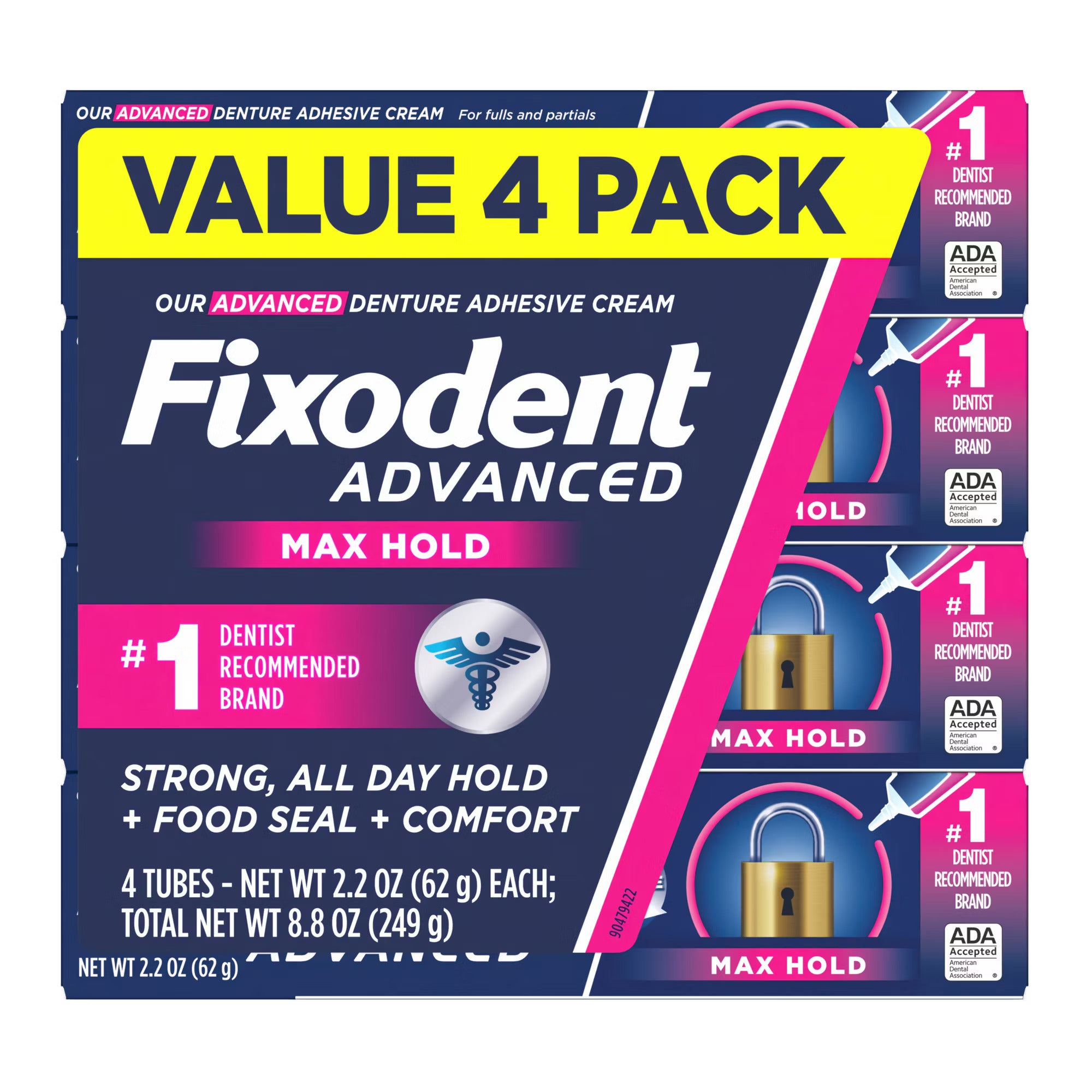 Fixodent Advanced Max Hold Denture Adhesive Cream, 2.2 OZ (62 g), 4 PACK
