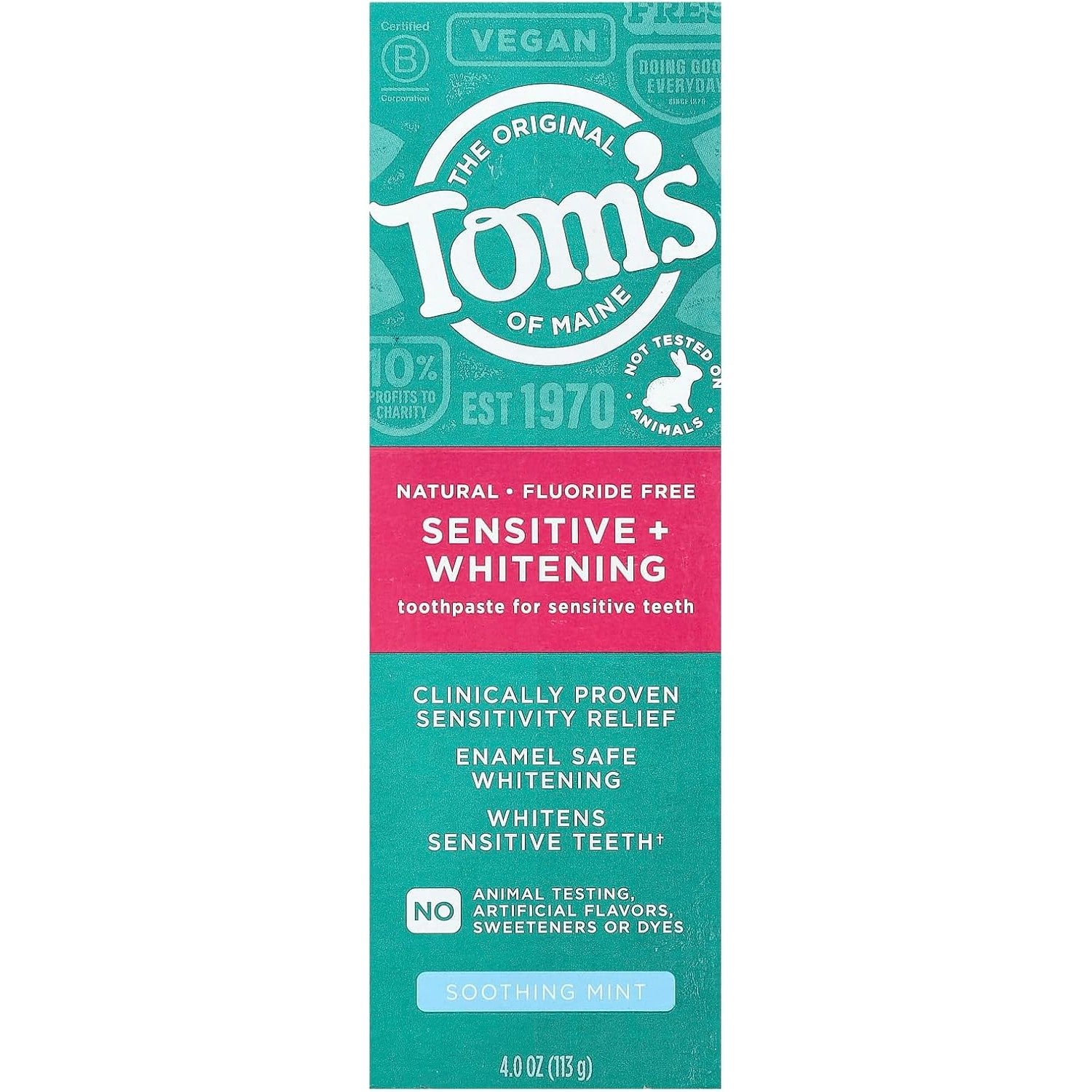 Tom's of Maine Sensitive + Whitening Fluoride Free Toothpaste, Soothing Mint, 4.0 OZ (113 g)