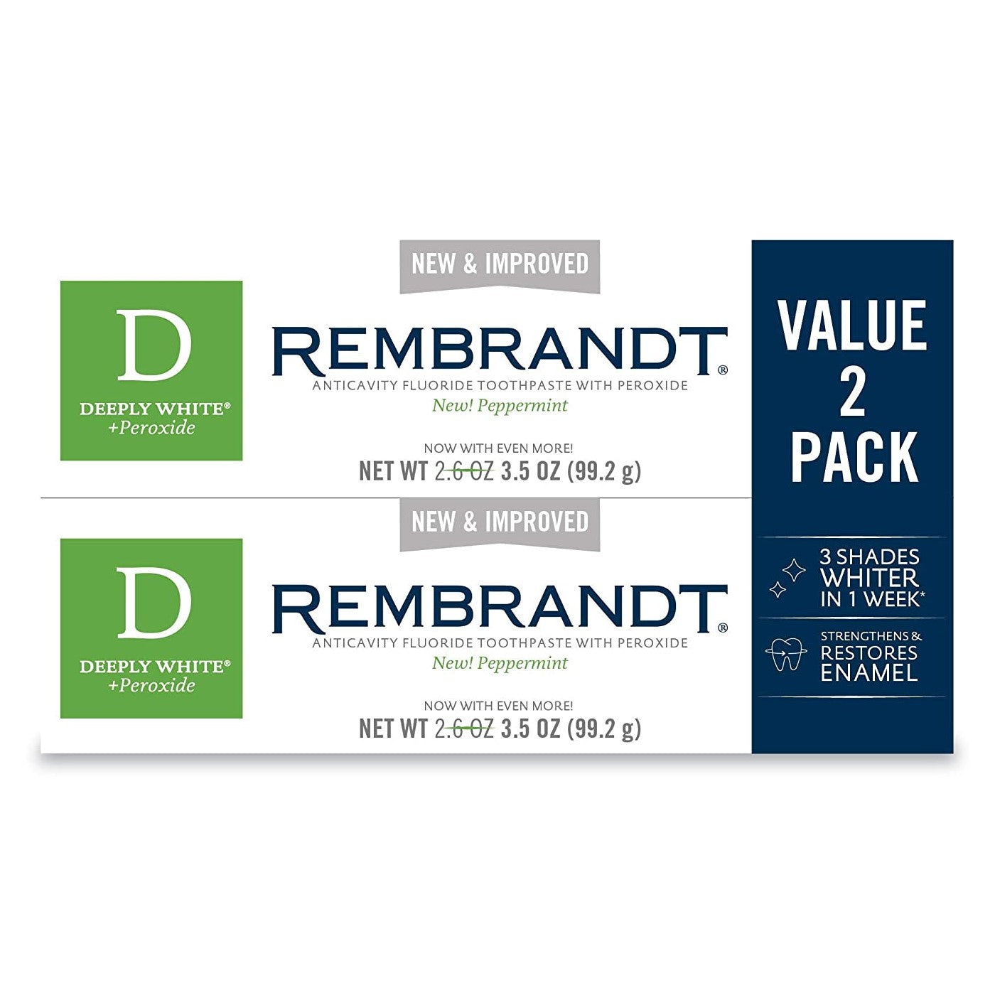 Rembrandt Deeply White + Peroxide Toothpaste, Peppermint, 3.5 OZ (99.2 g) 2-PACK