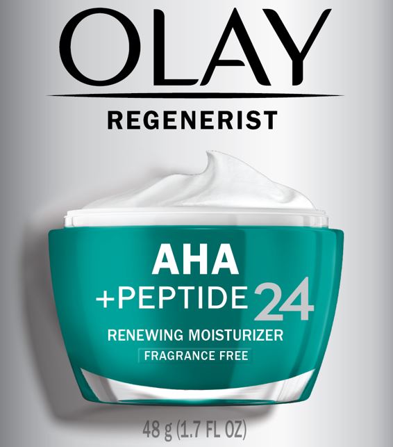 Olay Regenerist AHA + Peptide 24 moisturizer jar on a gray background