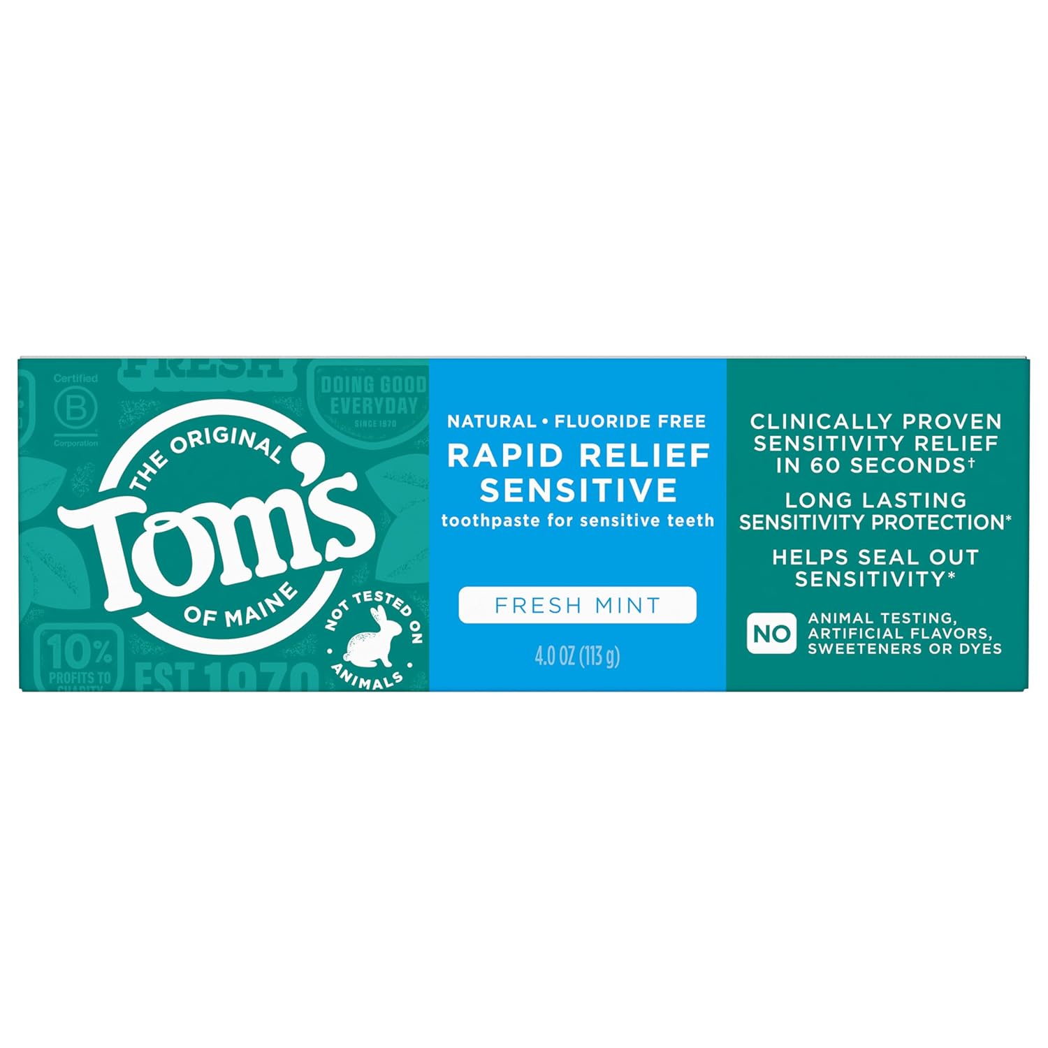 Tom's of Maine Rapid Relief Sensitive Fluoride-Free Toothpaste, Fresh Mint, 4 OZ (113 g)
