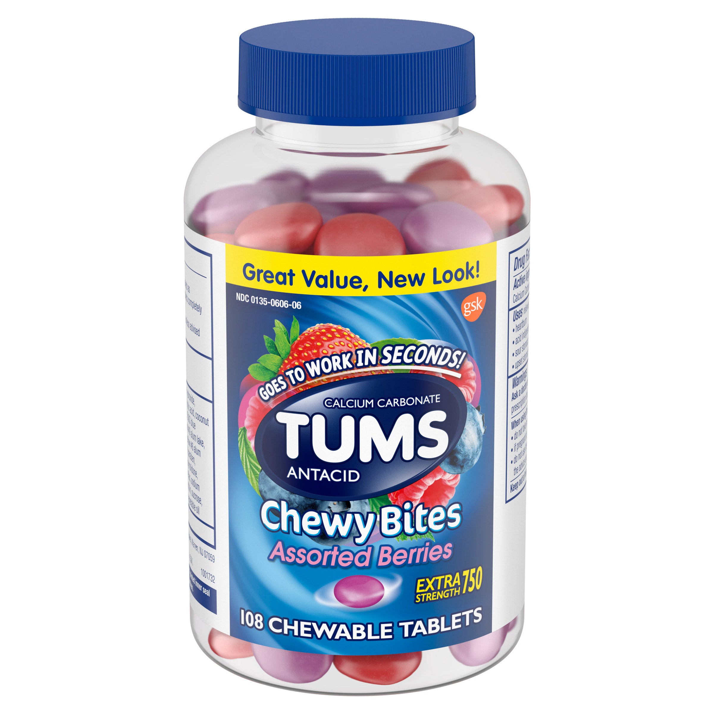 Tums Antacid, Chewy Bites Assorted Berries, 108 Chewable Tablets