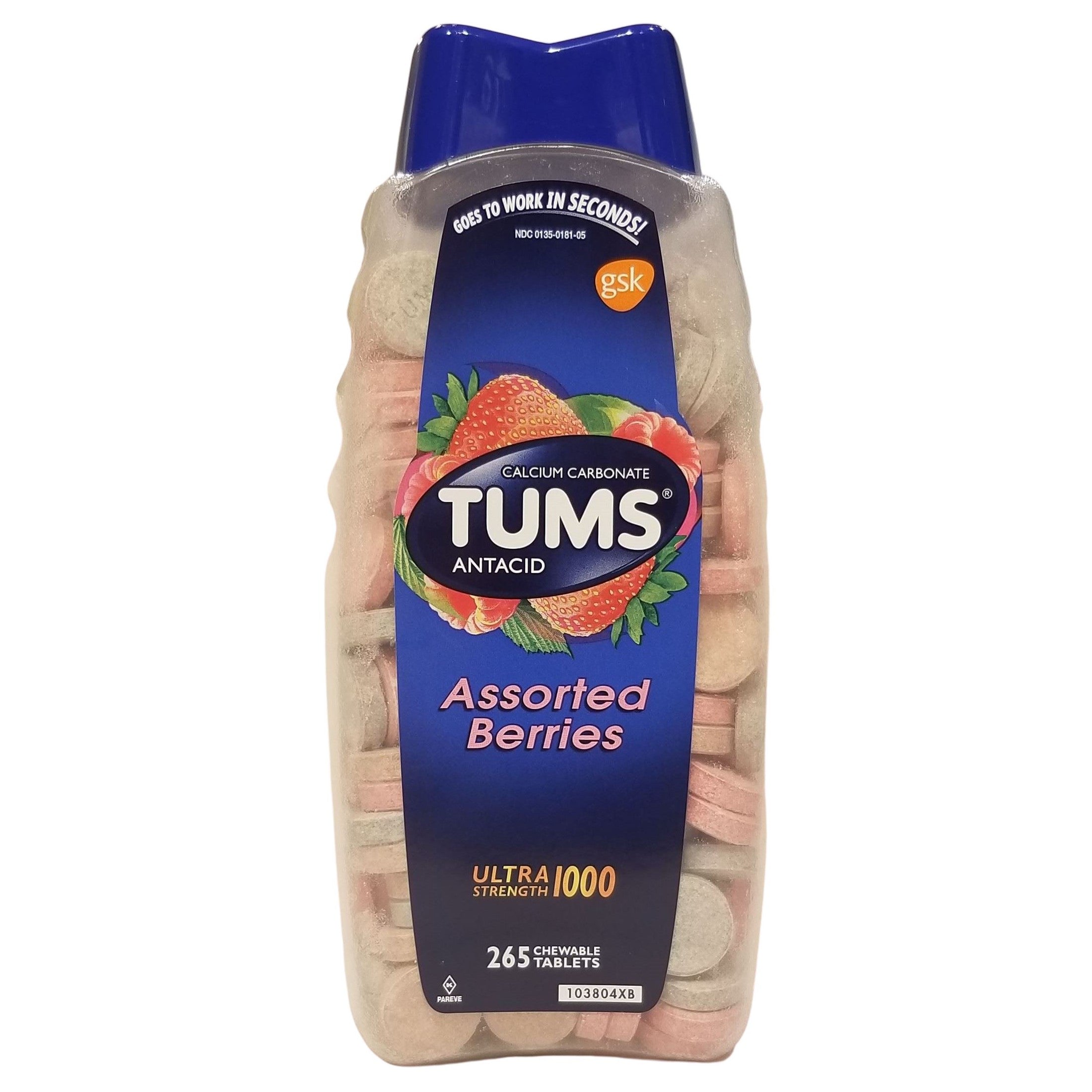 Tums antacid packaging with assorted berries flavor on a white background