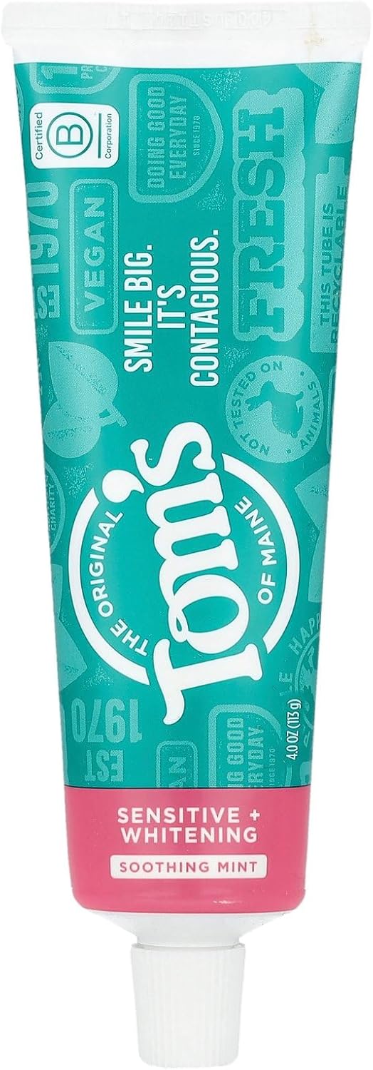 Tom's of Maine Sensitive + Whitening Fluoride Free Toothpaste, Soothing Mint, 4.0 OZ (113 g)