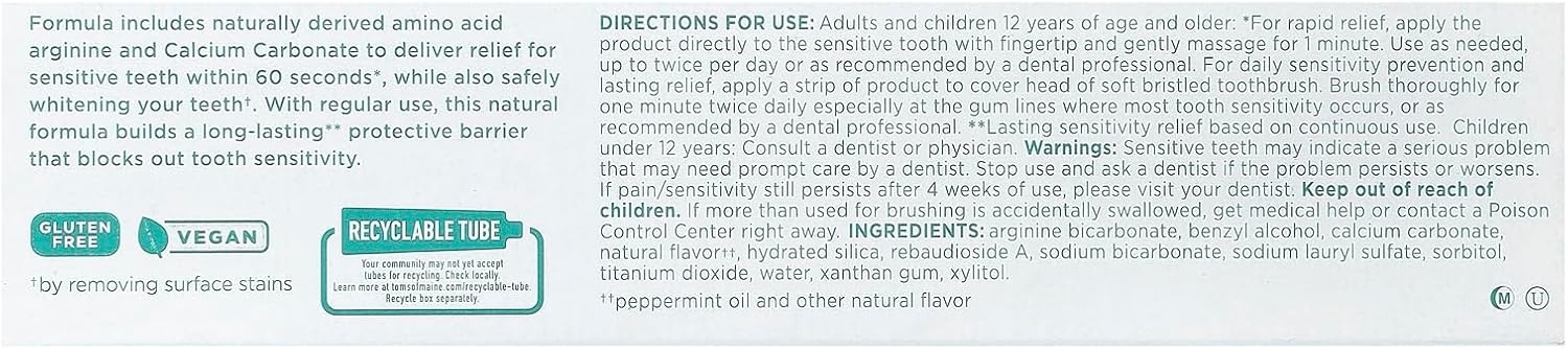Tom's of Maine Sensitive + Whitening Fluoride Free Toothpaste, Soothing Mint, 4.0 OZ (113 g)