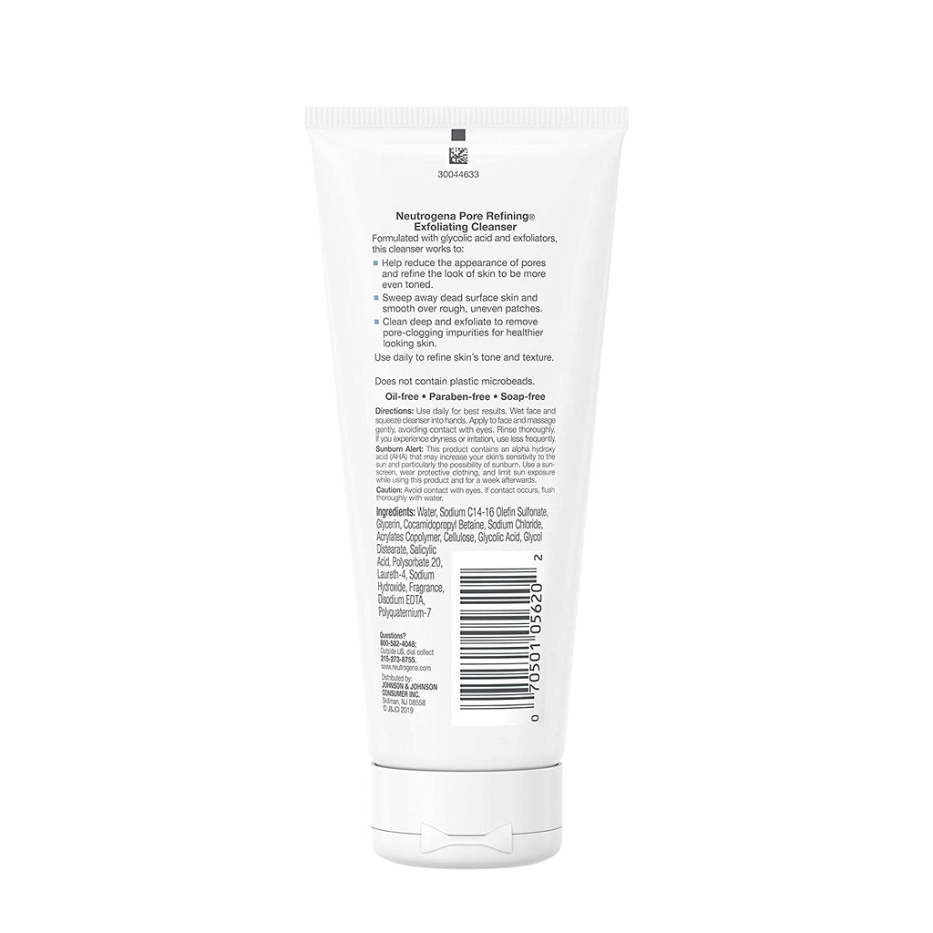 Back label of a Neutrogena Pure Retexturing Scrub on a white background