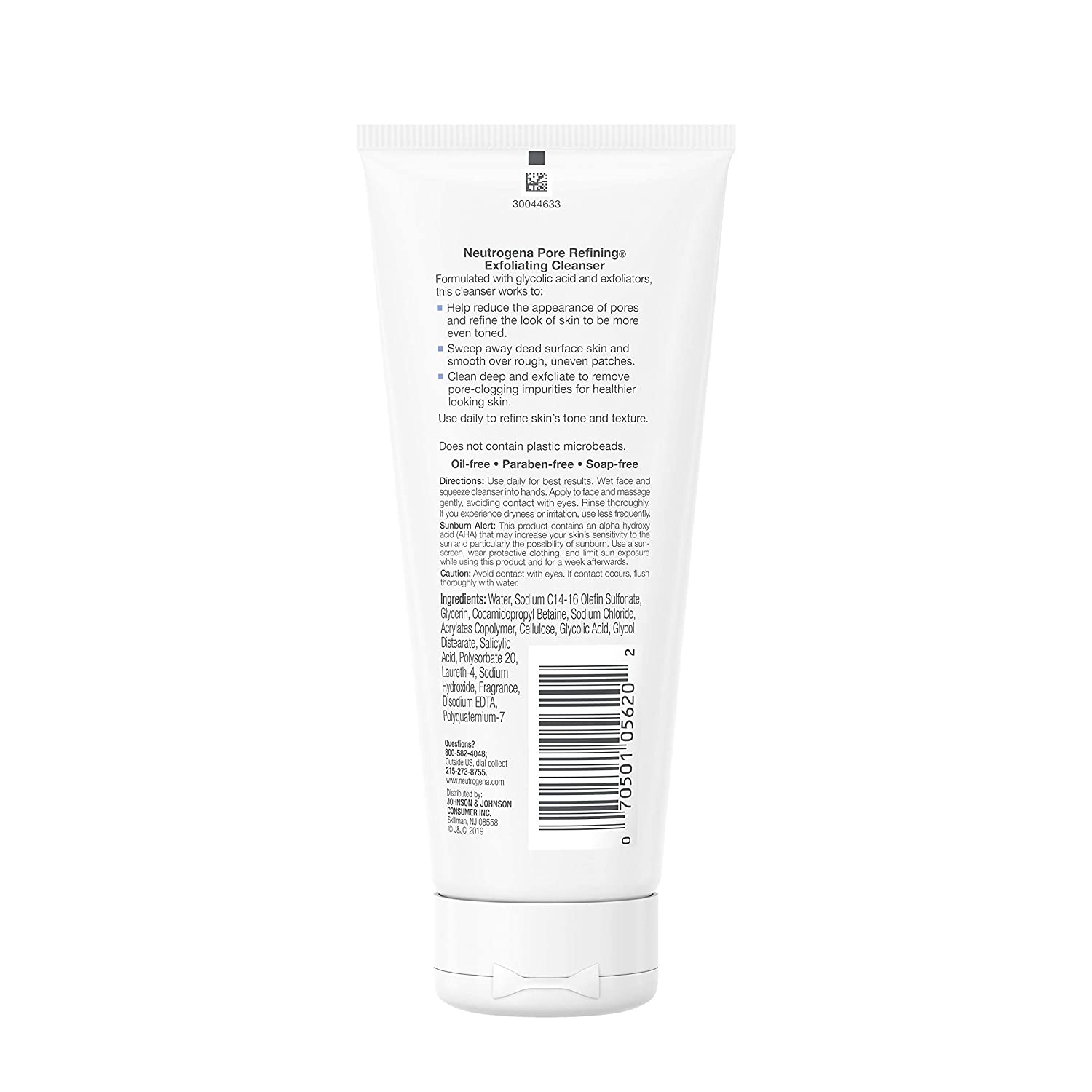 Back label of a Neutrogena Pure Retexturing Scrub on a white background