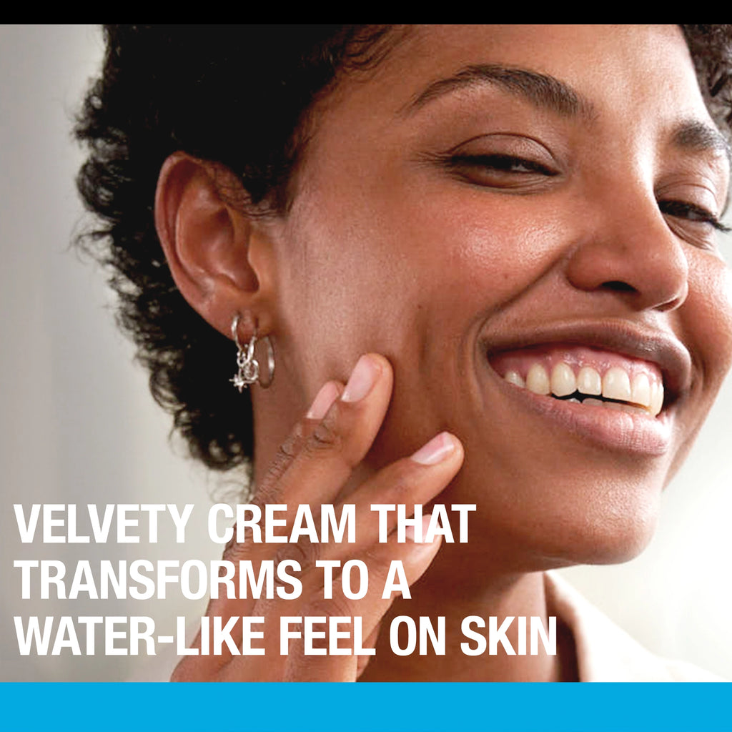 Woman applying cream to her face with text about a velvety cream transforming to a water-like feel on skin.