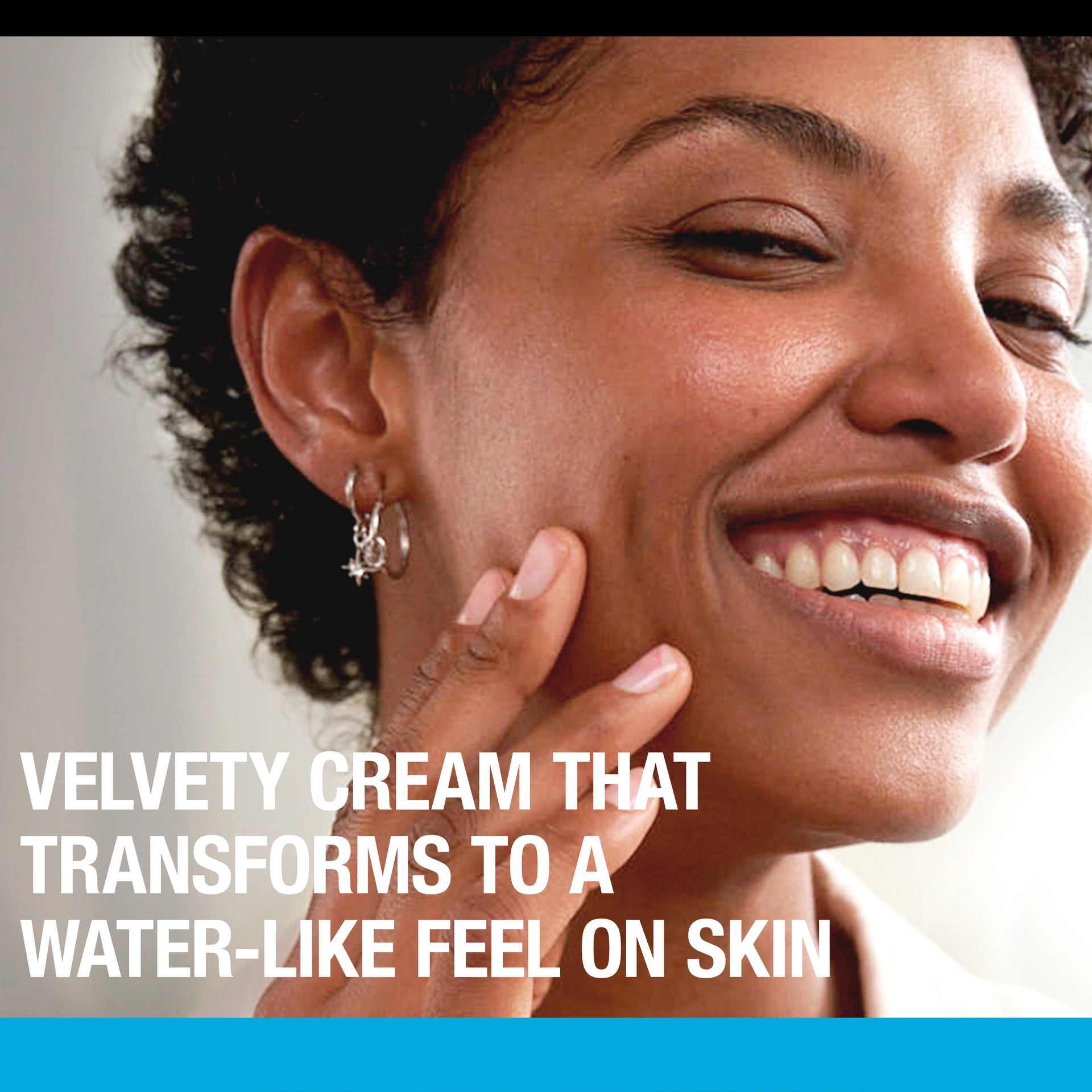 Woman applying cream to her face with text about a velvety cream transforming to a water-like feel on skin.