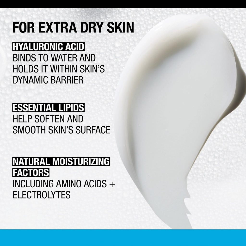 Skincare product with text about hyaluronic acid, essential lipids, and natural moisturizing factors for dry skin.
