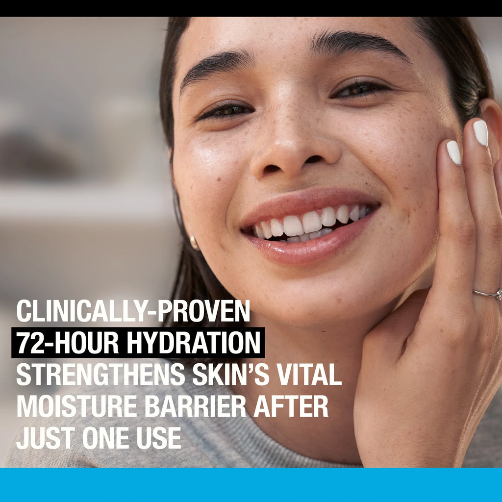 Woman with smooth skin touching her face, with text about skincare product benefits.