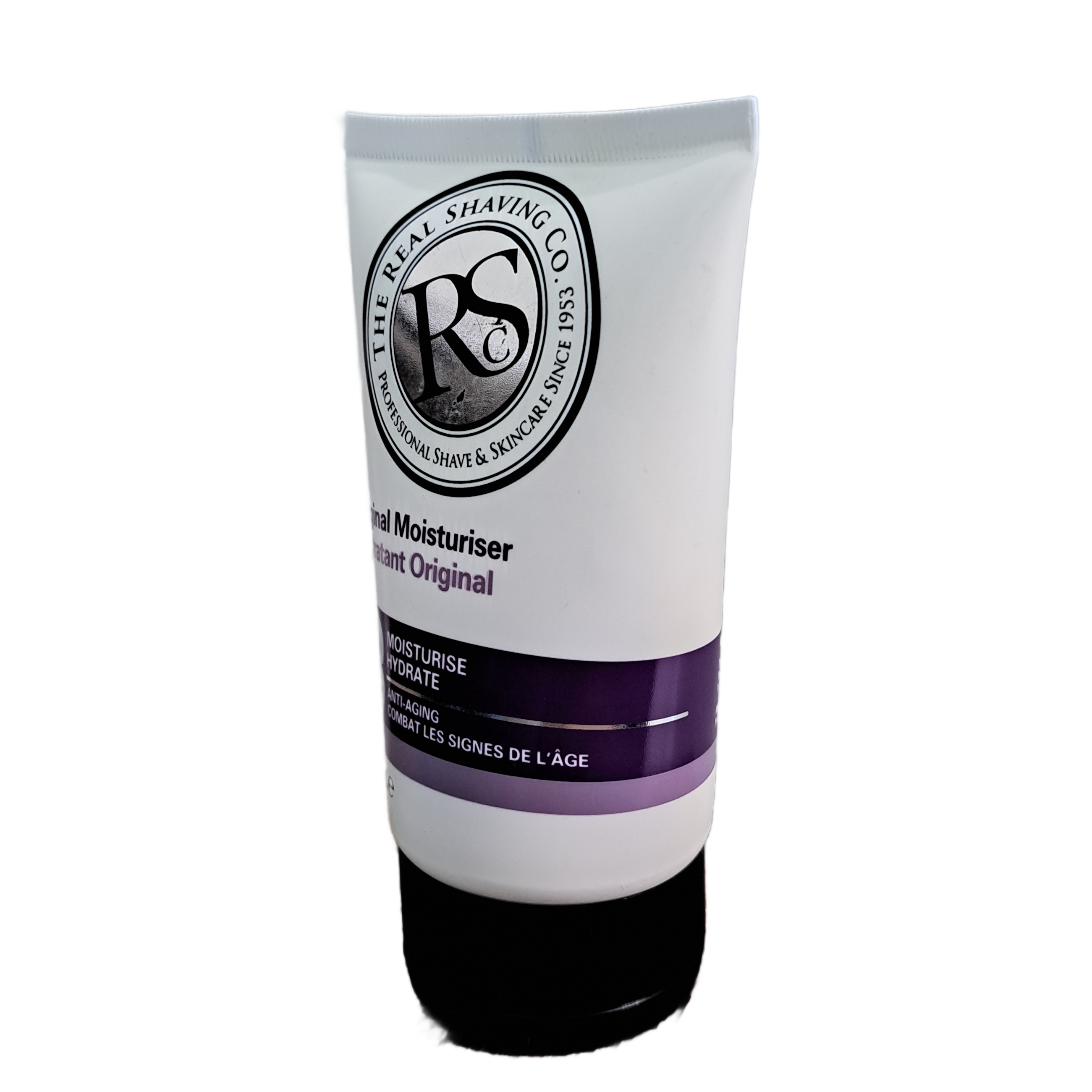 Tube of shaving cream with branding on a white background