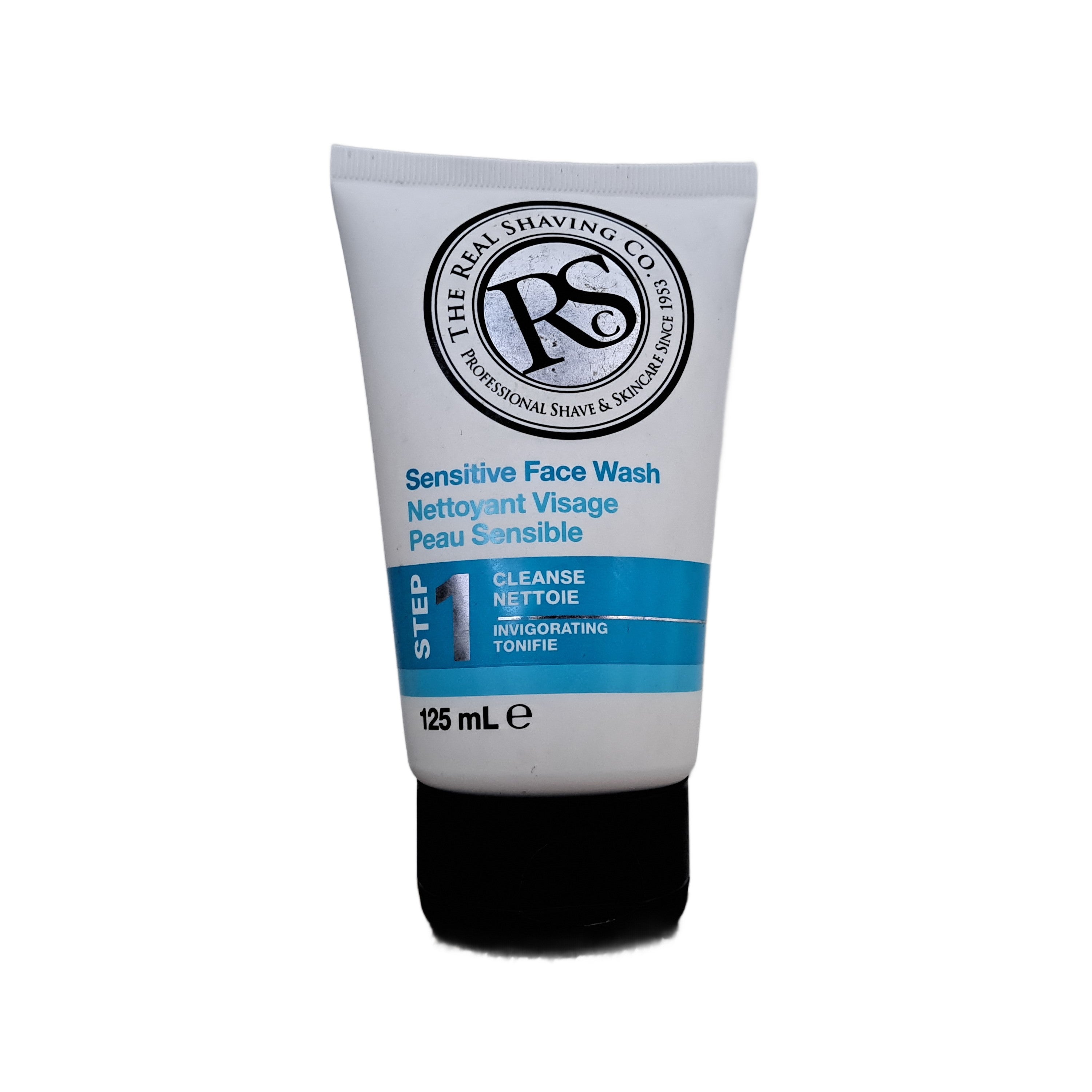 Tube of sensitive face wash with branding on a white background