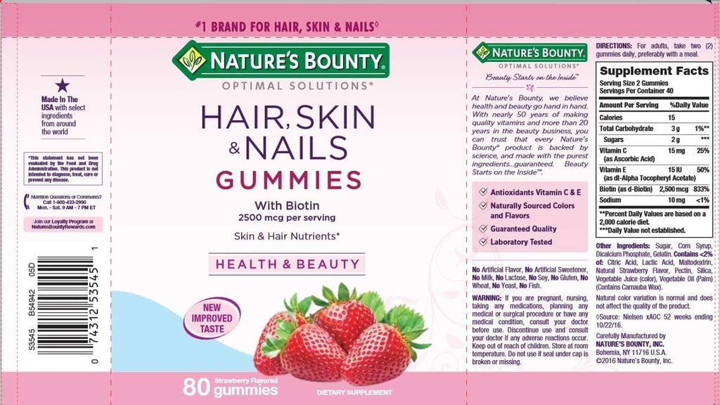 Nature's Bounty Hair, Skin & Nails Gummies, Strawberry, 80 Count