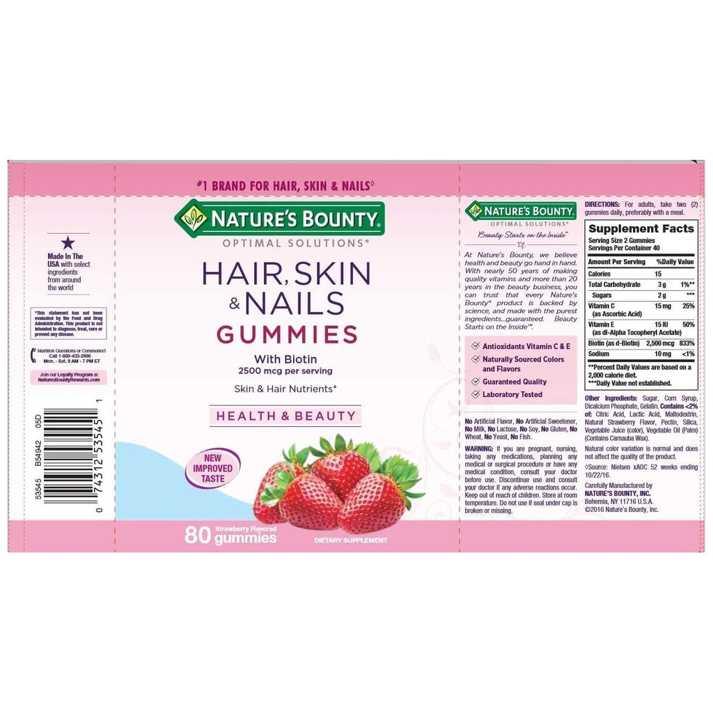 Nature's Bounty Hair, Skin & Nails Gummies, Strawberry, 80 Count