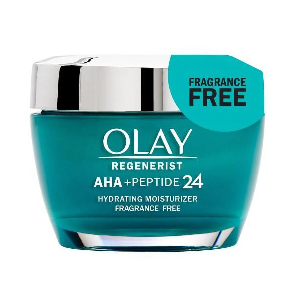 Olay Regenerist AHA + Peptide 24 moisturizer jar with a silver lid on a white background