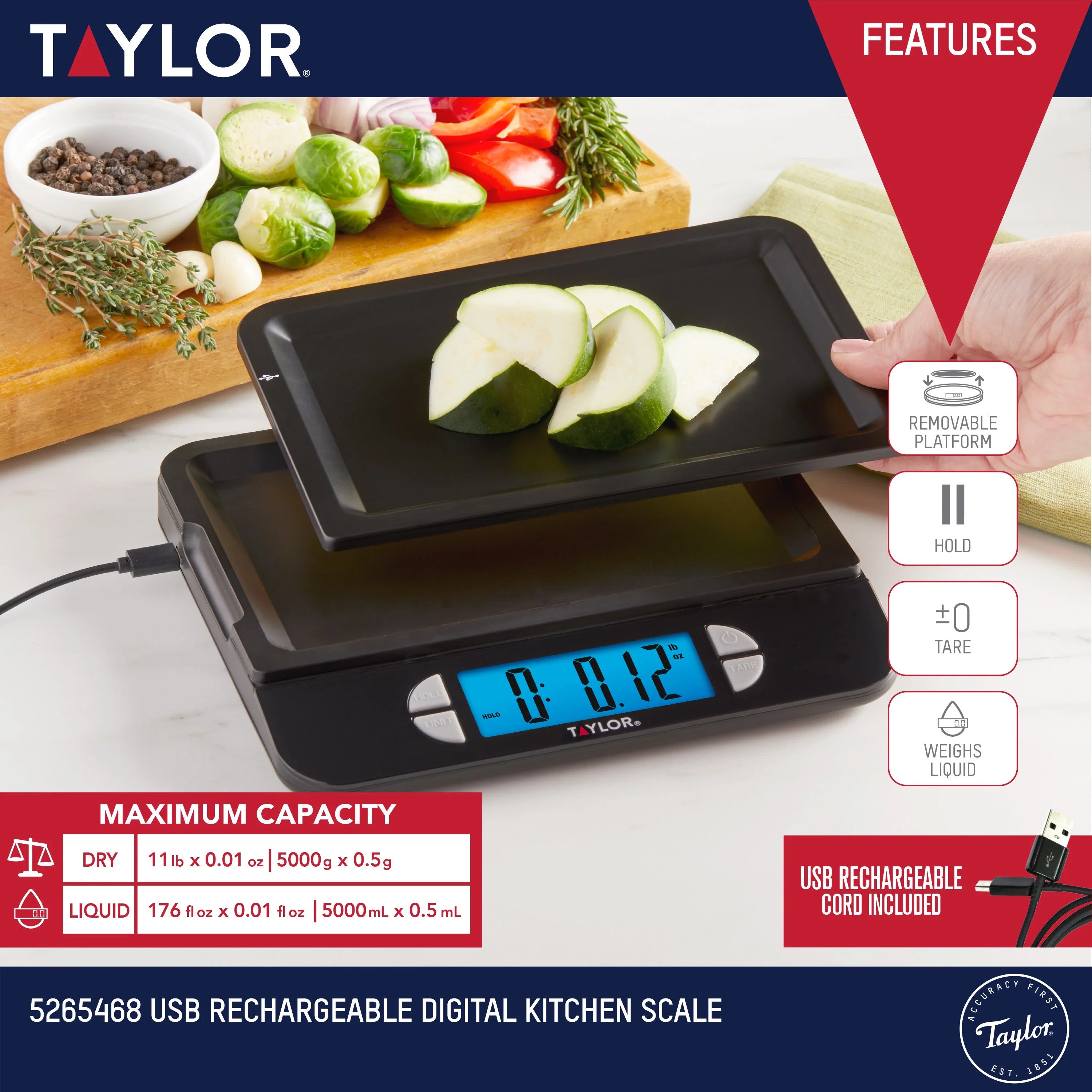 Taylor 11 lb (5 kg) USB Rechargeable Kitchen Scale