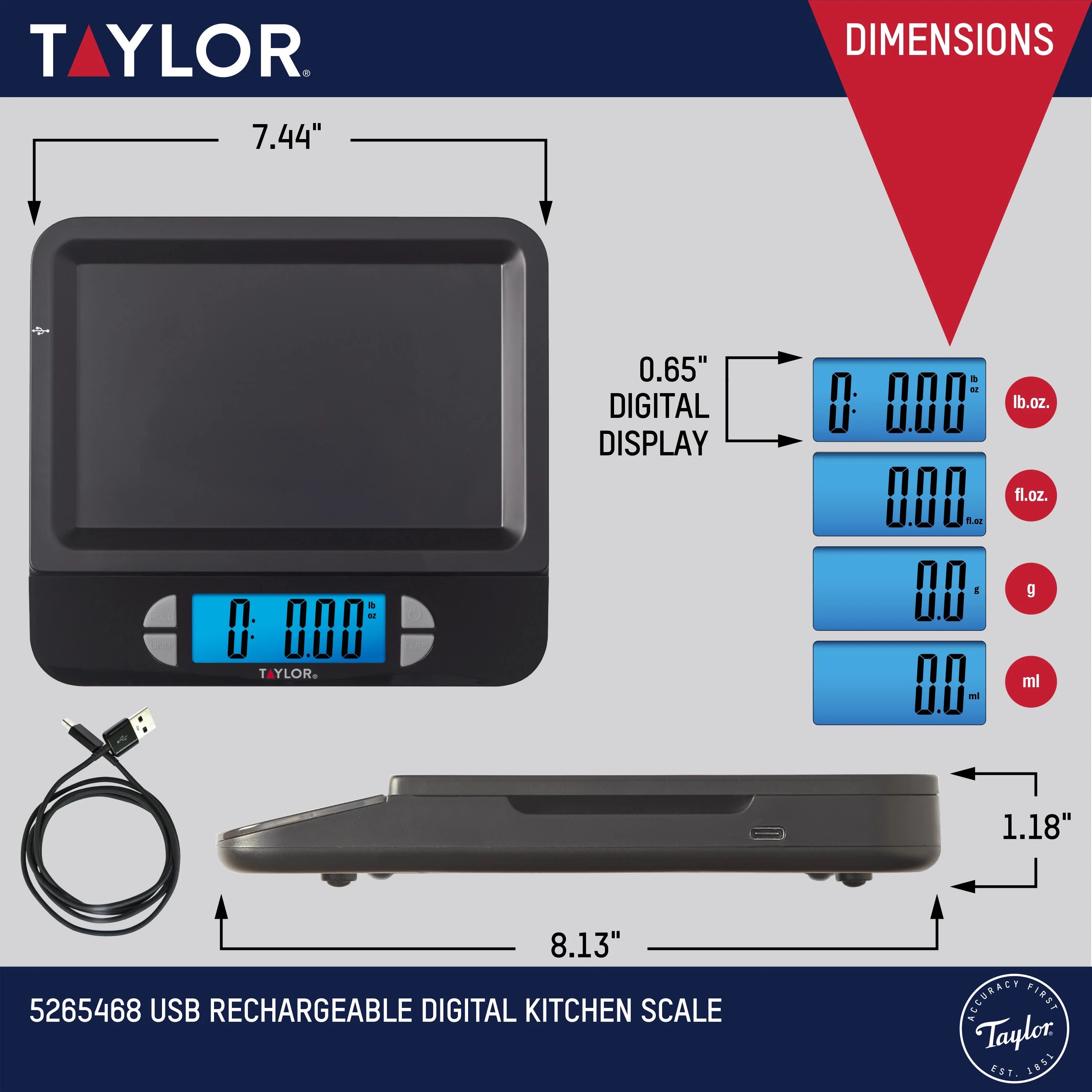 Taylor 11 lb (5 kg) USB Rechargeable Kitchen Scale