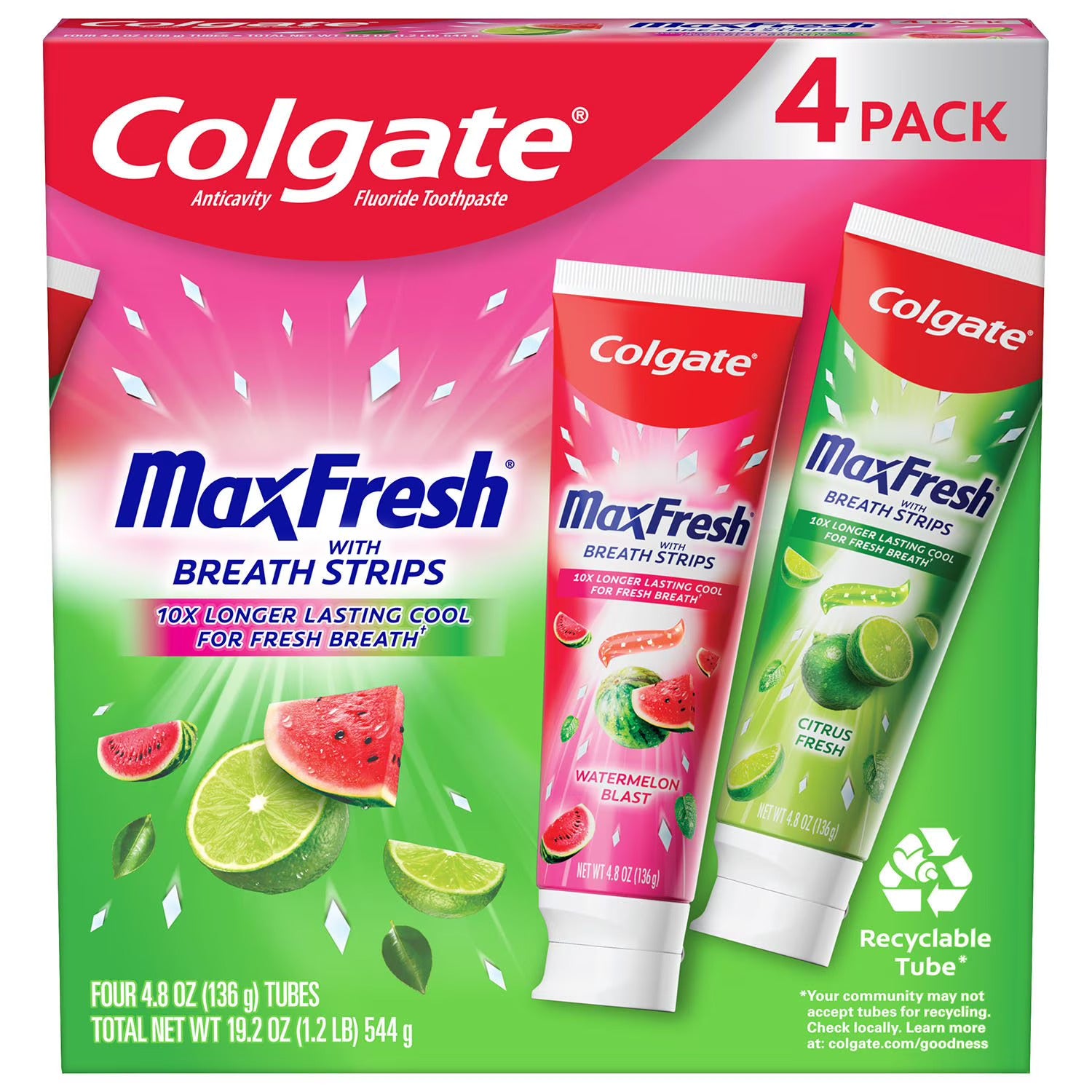 Colgate Max Fresh Toothpaste with Breath Strips, 4.8 Oz (136 g) 4 PACK
