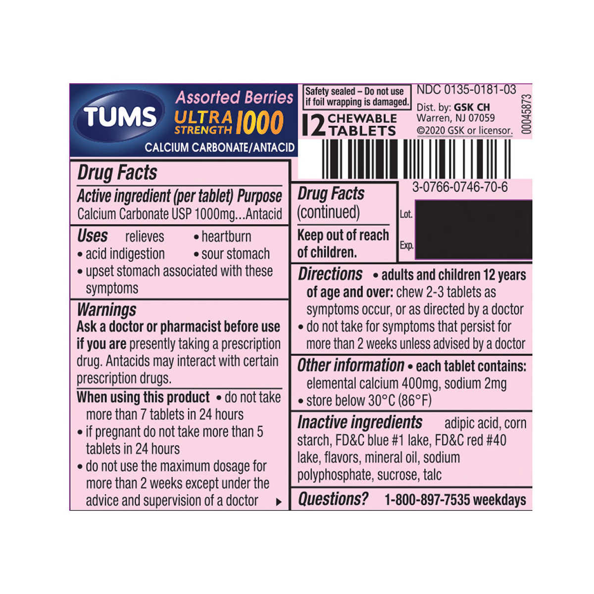 Tums Ultra Strength Antacid, Assorted Berries, 12 Rolls (144 Chewable Tablets)