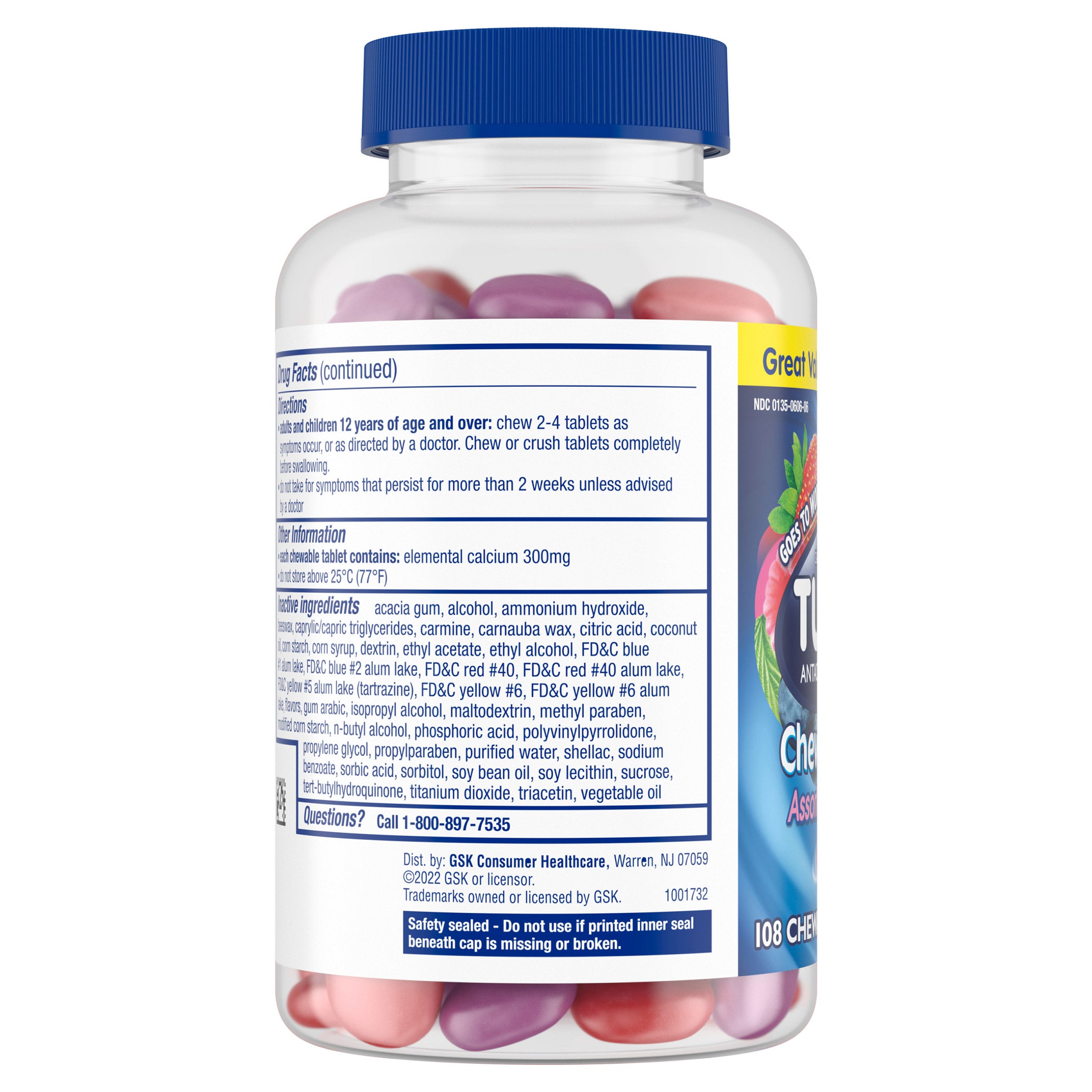 Tums Antacid, Chewy Bites Assorted Berries, 108 Chewable Tablets