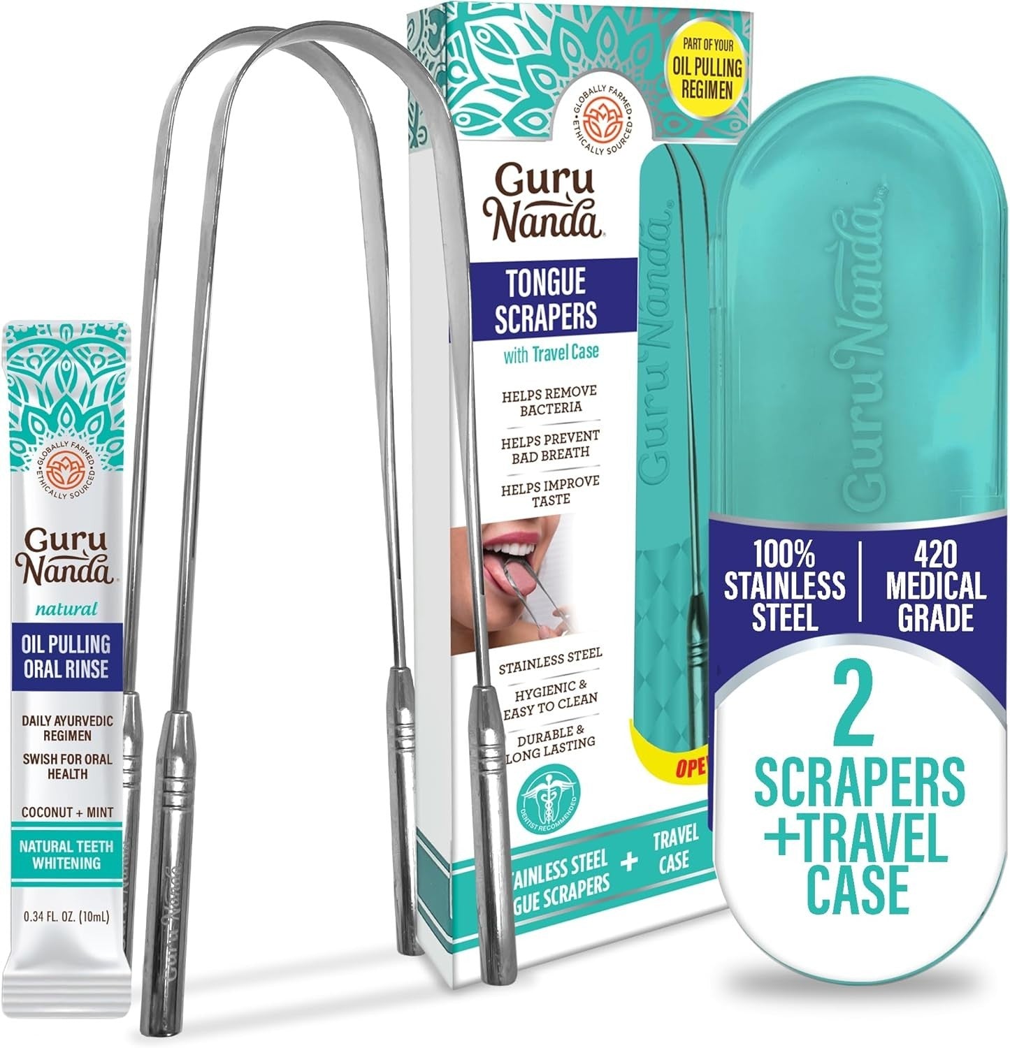 Guru Nanda Stainless Steel Tongue Scraper with Travel Case (2 pack)