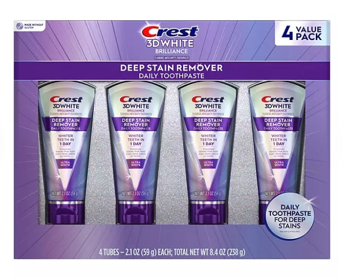 Crest 3D White Brilliance Deep Stain Remover Daily Toothpaste, Ultra White, 2.1 OZ (59 g) 4 PACK