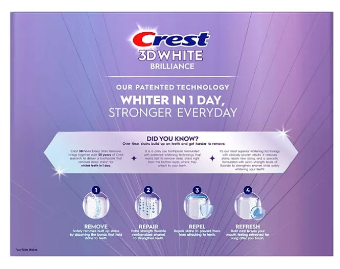 Crest 3D White Brilliance Deep Stain Remover Daily Toothpaste, Ultra White, 2.1 OZ (59 g) 4 PACK