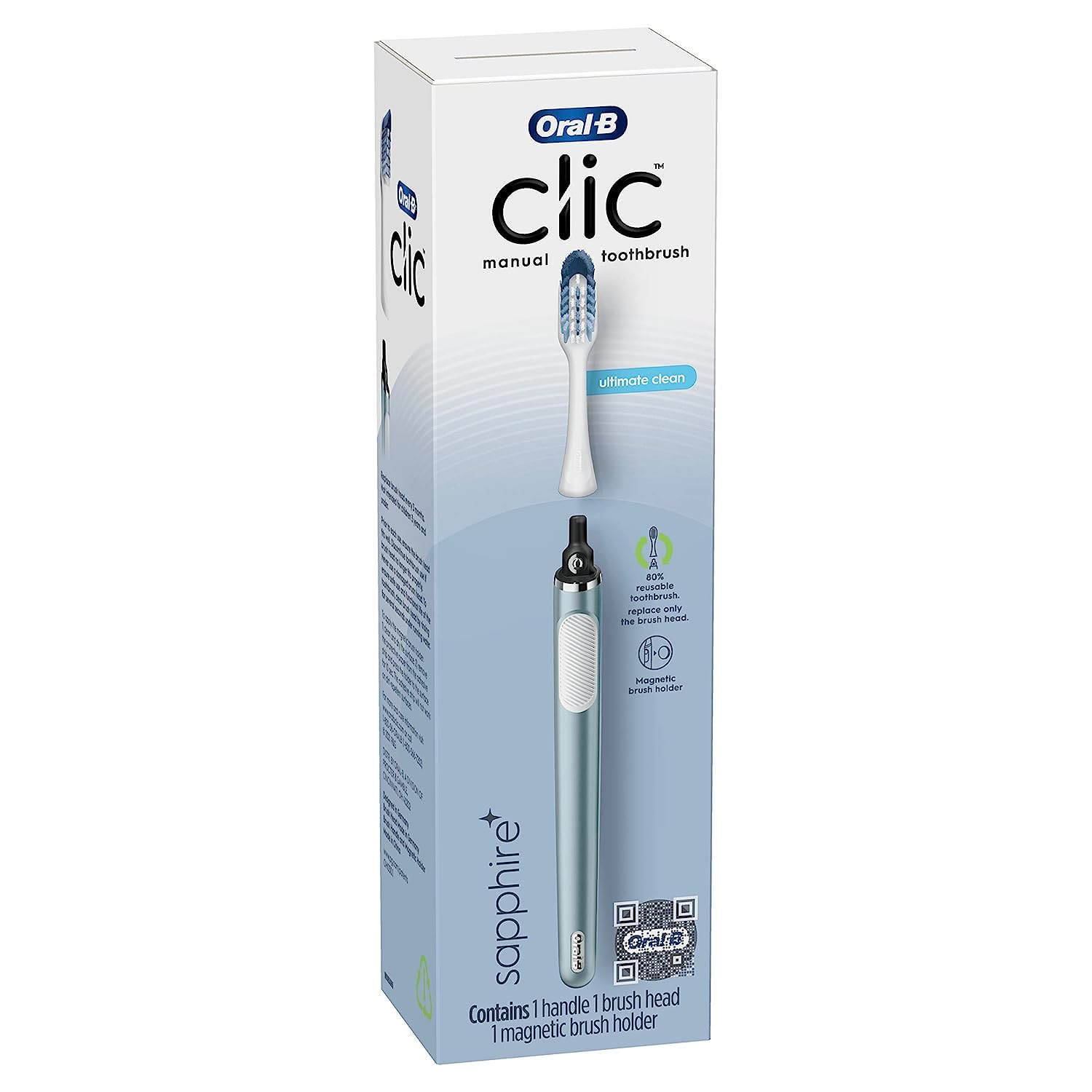 Oral-B Clic Manual Toothbrush, Ultimate Clean, Aqua Sapphire, 1 Handle + 1 Magnetic Brush Holder